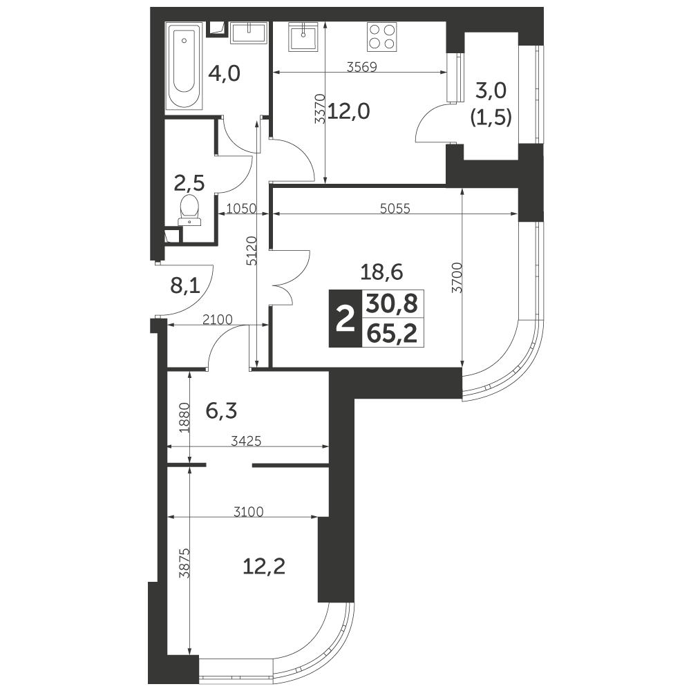 2 комн. квартира, 65.2 м², 4 этаж 