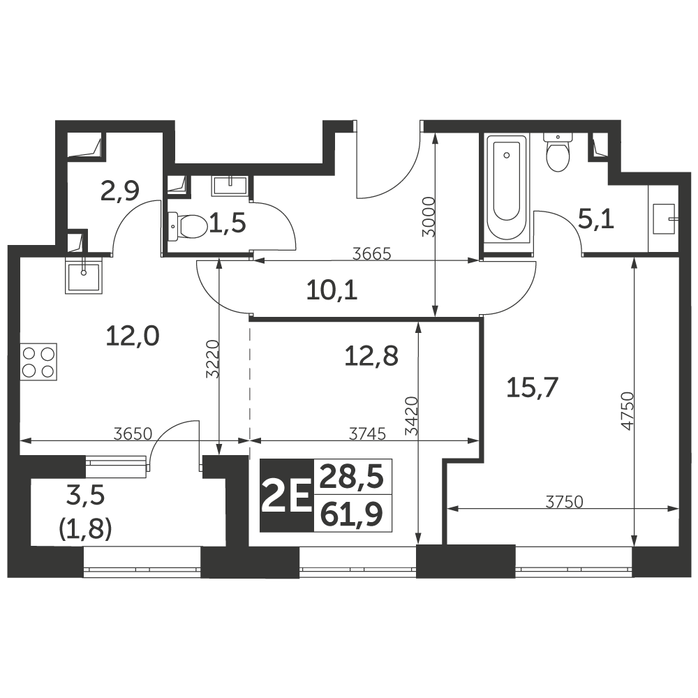2 комн. квартира, 61.9 м², 39 этаж 