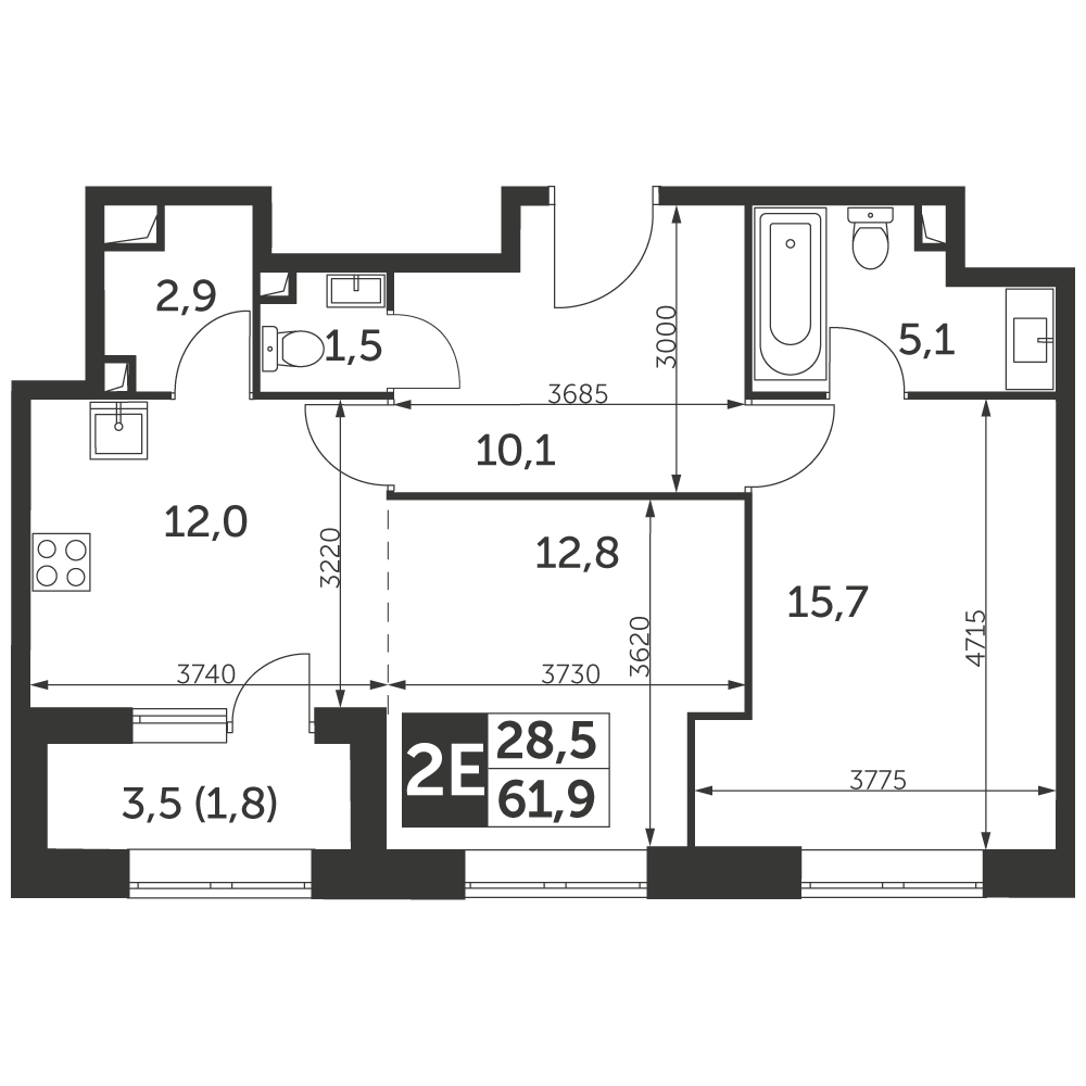 2 комн. квартира, 61.9 м², 41 этаж 