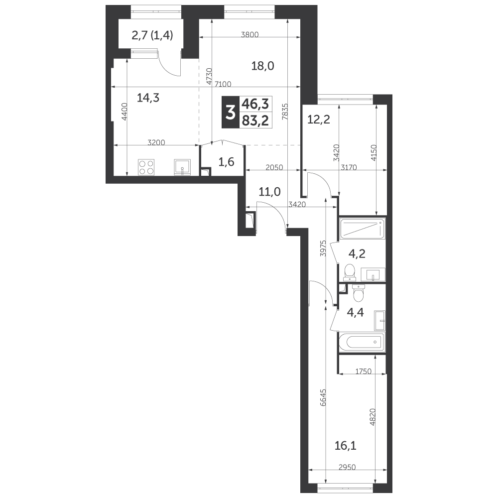 3 комн. квартира, 83.2 м², 8 этаж 
