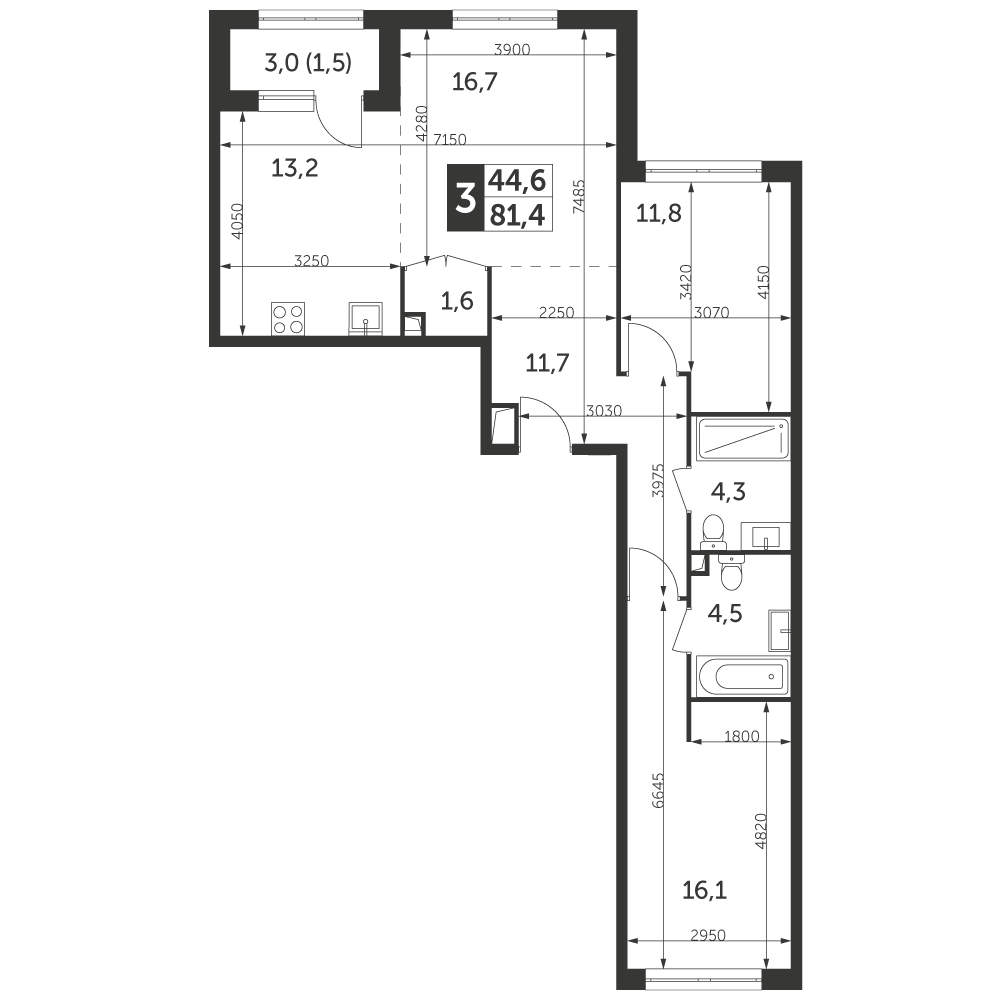 3 комн. квартира, 81.4 м², 36 этаж 