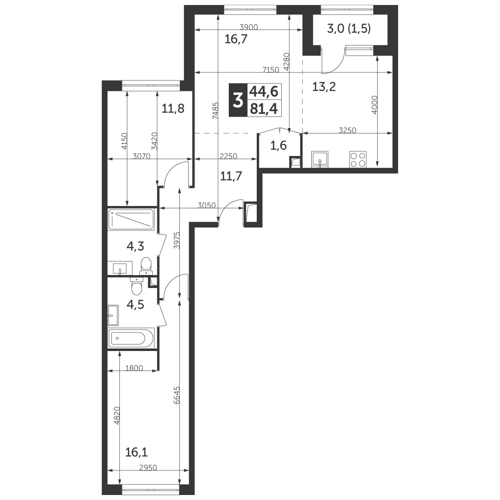 3 комн. квартира, 81.4 м², 38 этаж 
