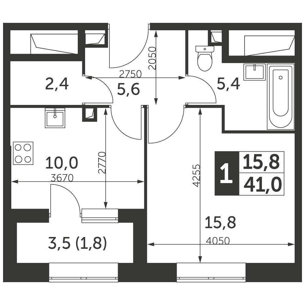 1 комн. квартира, 41 м², 30 этаж 