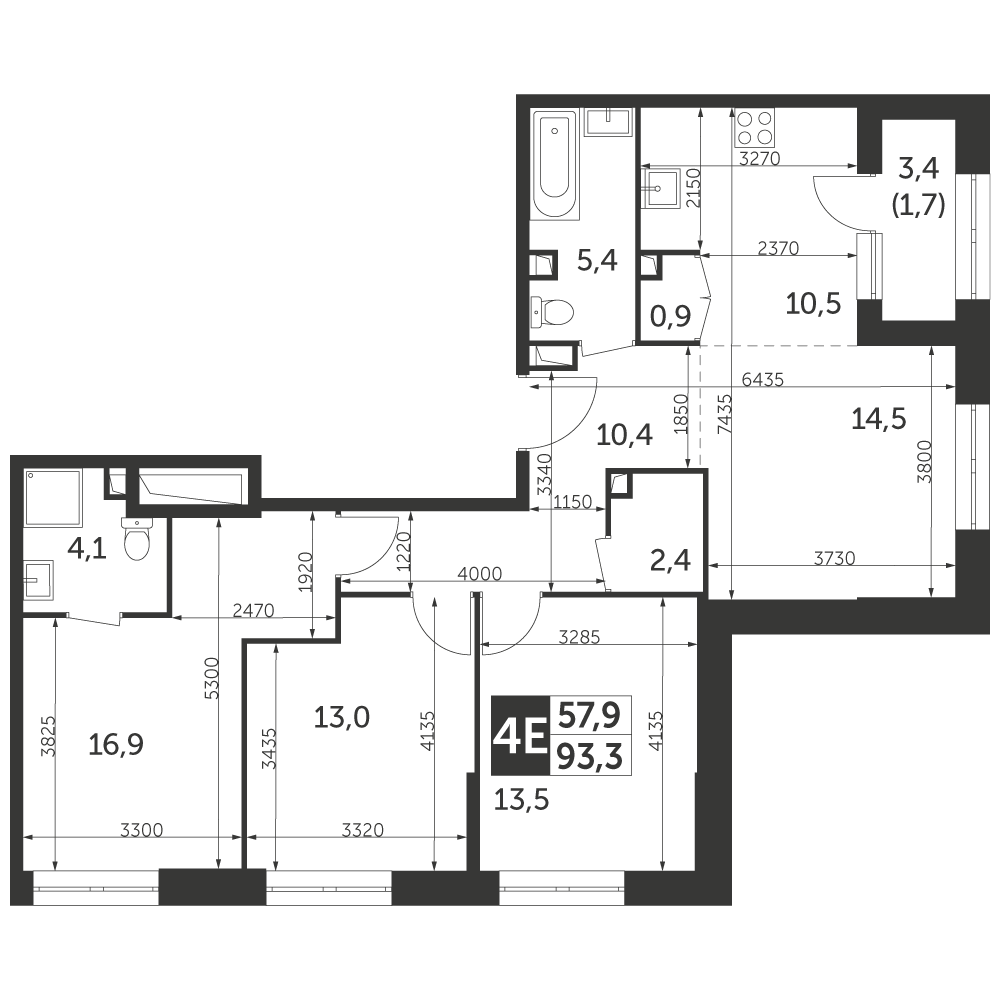 4 комн. квартира, 93.3 м², 25 этаж 