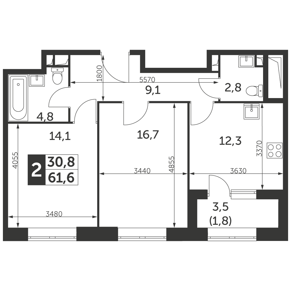 2 комн. квартира, 61.6 м², 42 этаж 
