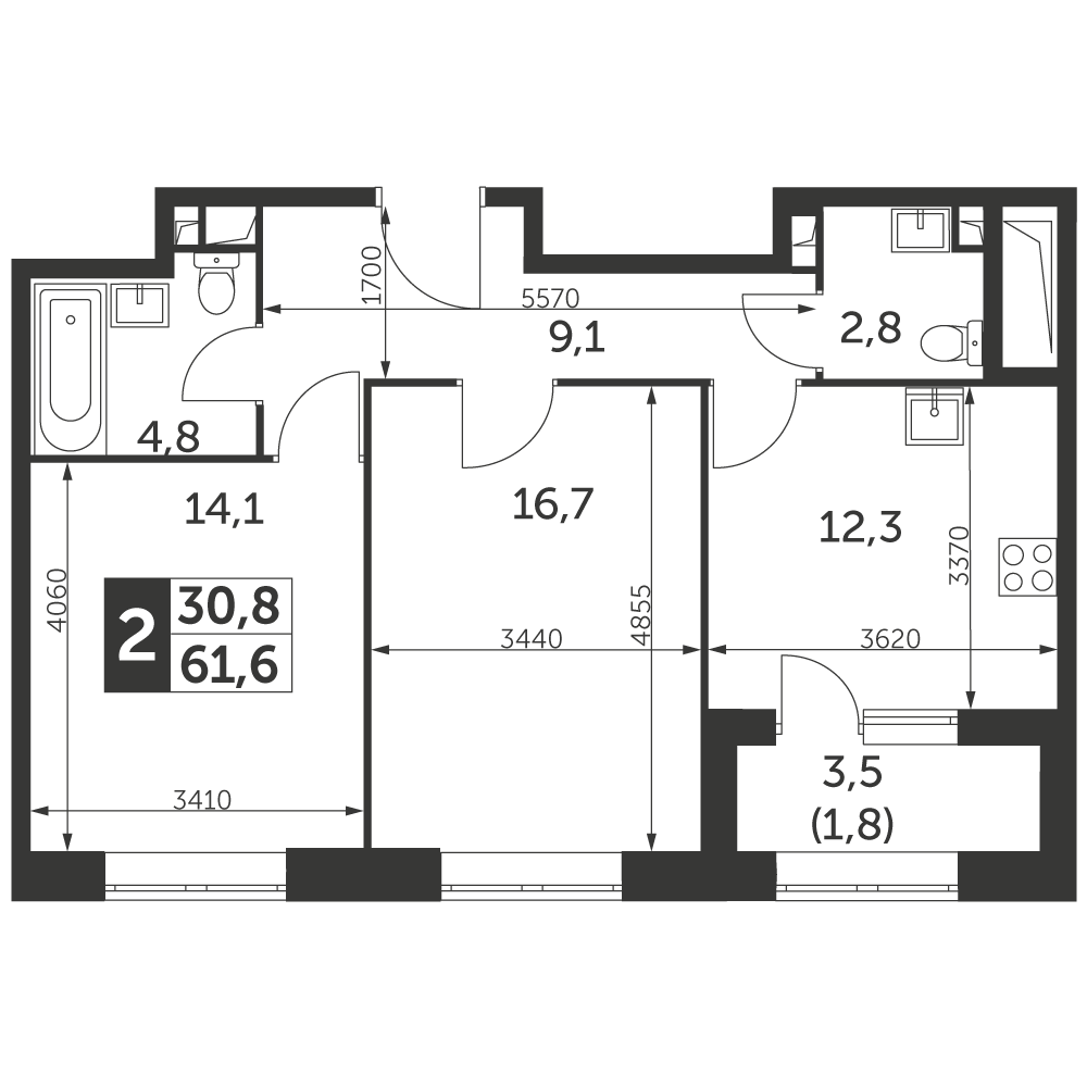 2 комн. квартира, 61.6 м², 37 этаж 