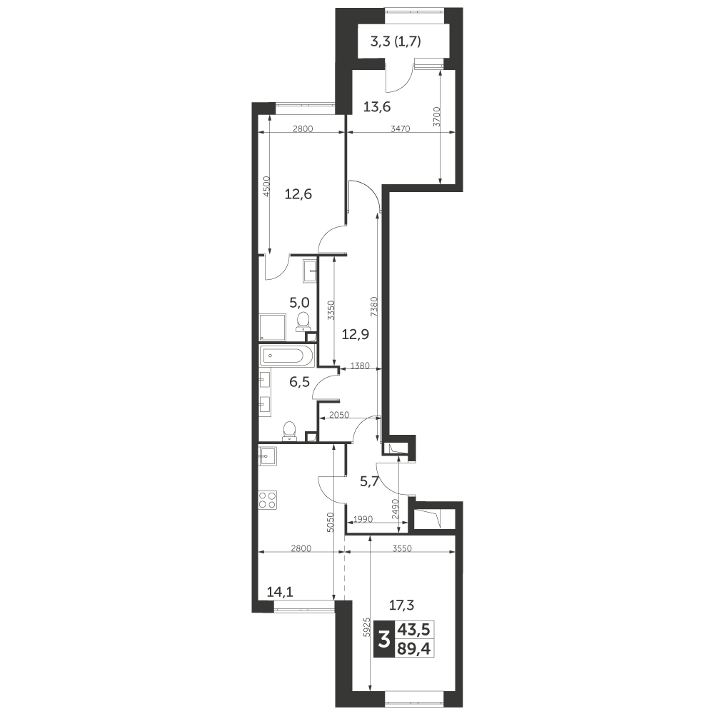 3 комн. квартира, 89.4 м², 33 этаж 
