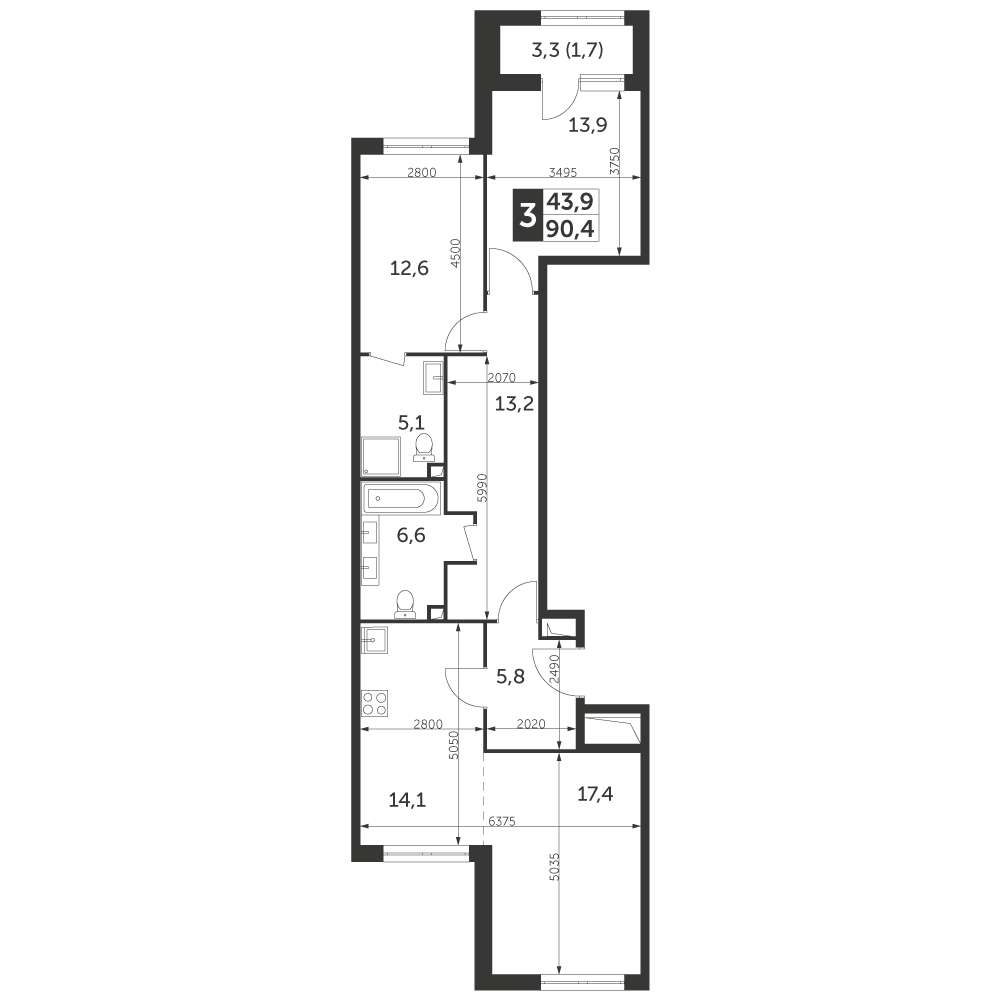 3 комн. квартира, 90.4 м², 47 этаж 
