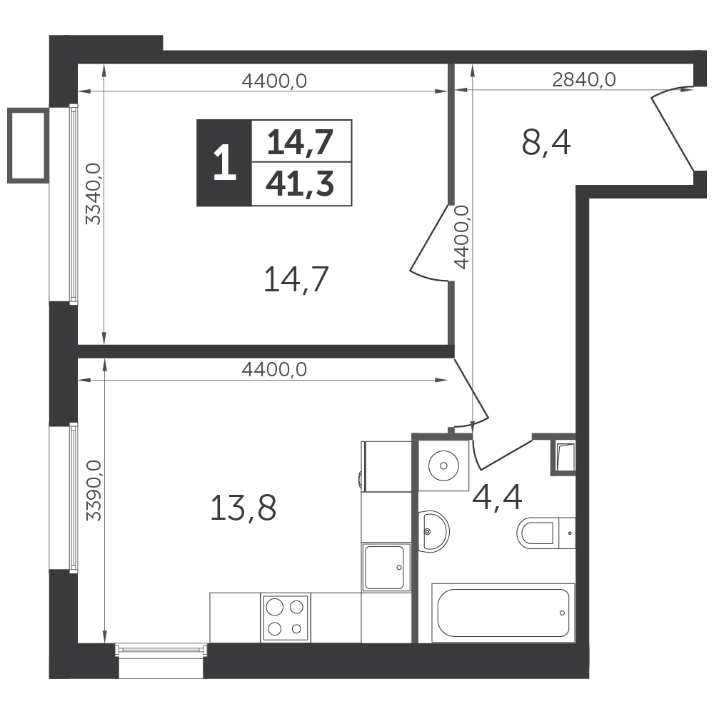 1 комн. квартира, 41 м², 13 этаж 