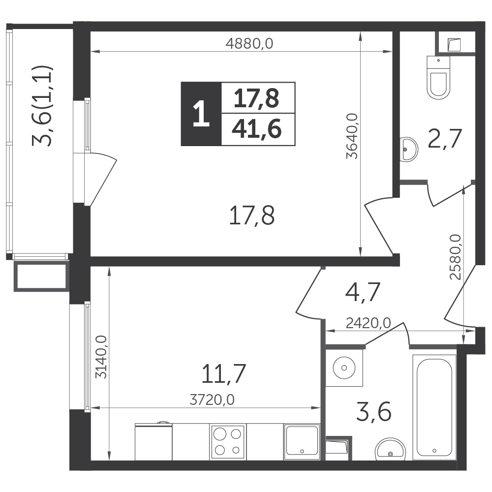 1 комн. квартира, 41.4 м², 13 этаж 