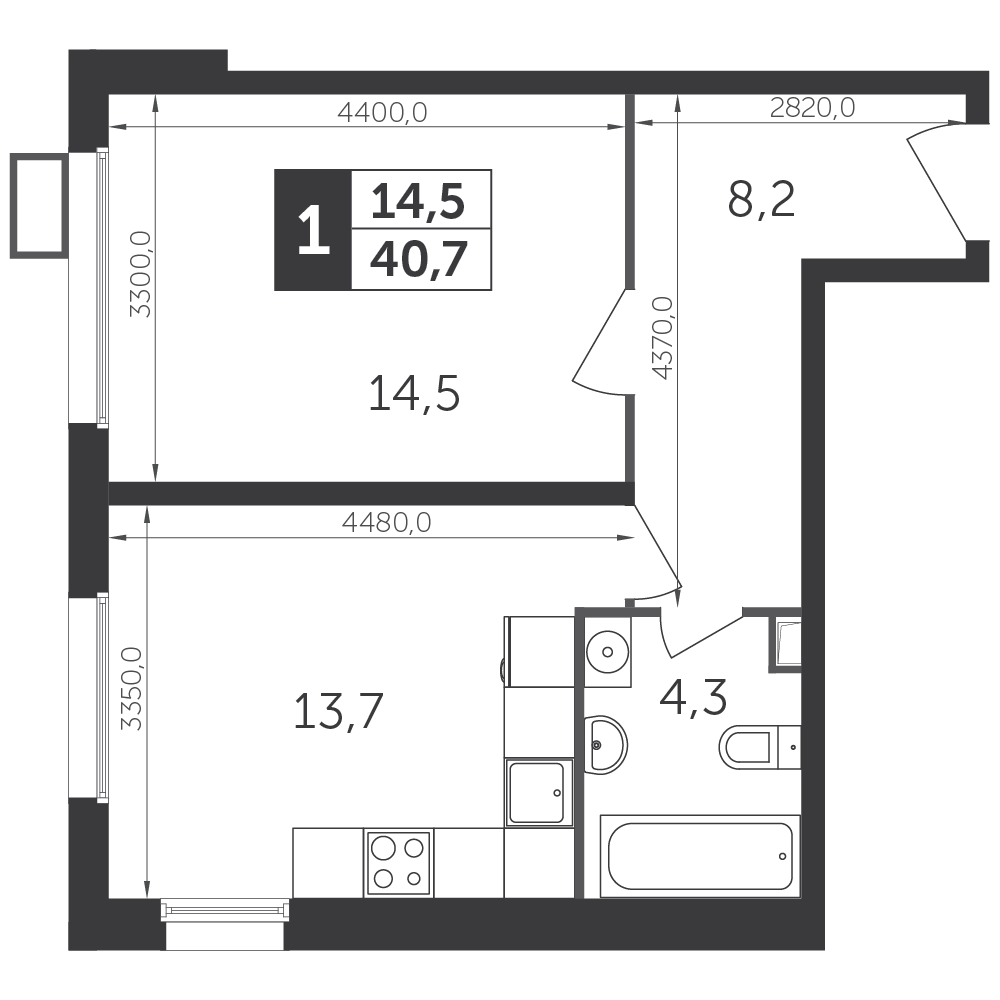 1 комн. квартира, 40.5 м², 7 этаж 