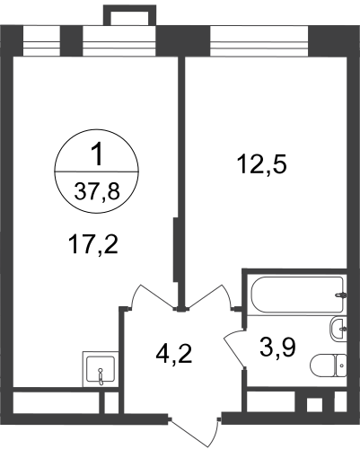1 комн. квартира, 37.8 м², 16 этаж  (из 20)