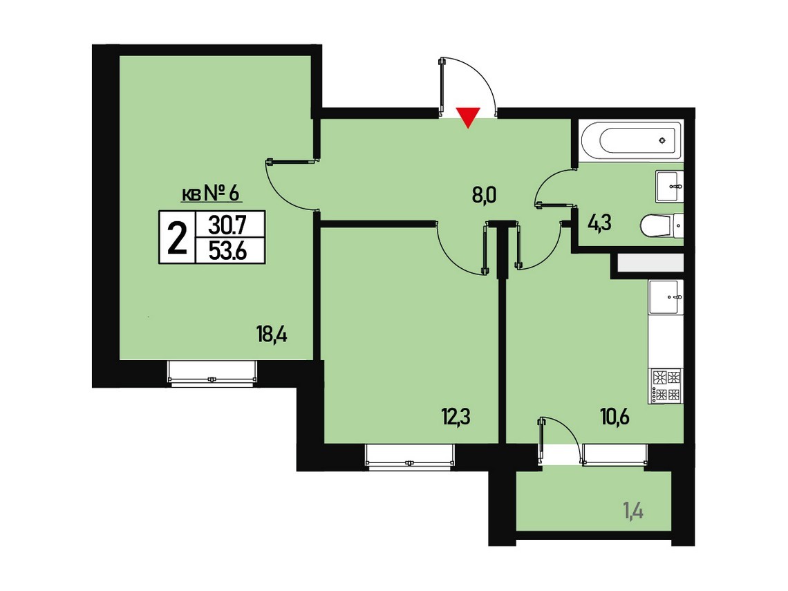 2 комн. квартира, 53 м², 1 этаж 