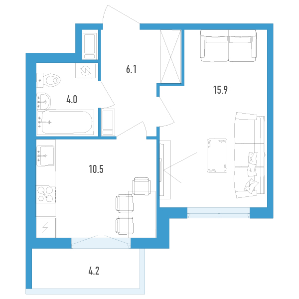 1 комн. квартира, 37.8 м², 6 этаж 