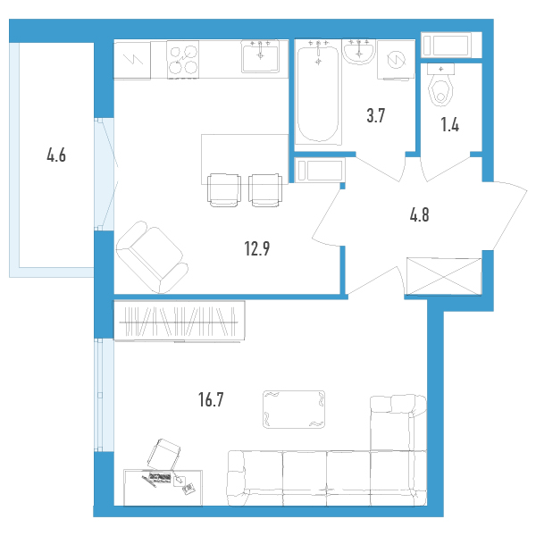 1 комн. квартира, 41.8 м², 10 этаж 