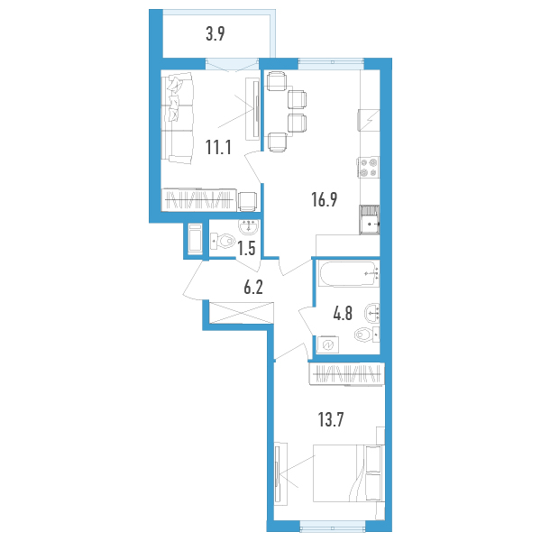 1 комн. квартира, 56.2 м², 2 этаж 