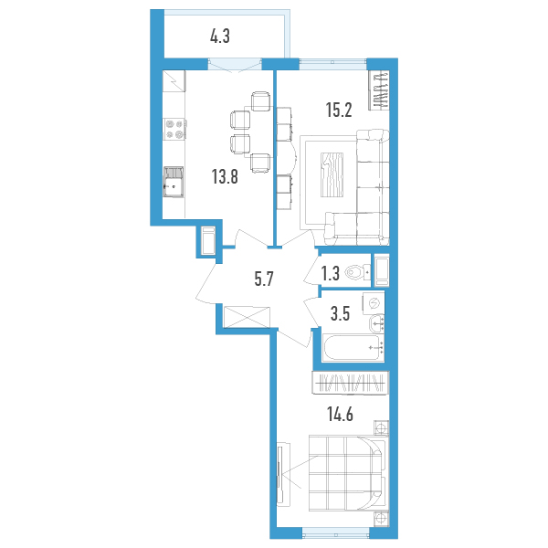2 комн. квартира, 56.3 м², 12 этаж 