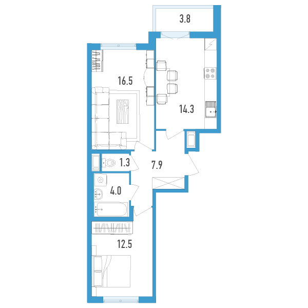 2 комн. квартира, 58.4 м², 8 этаж 