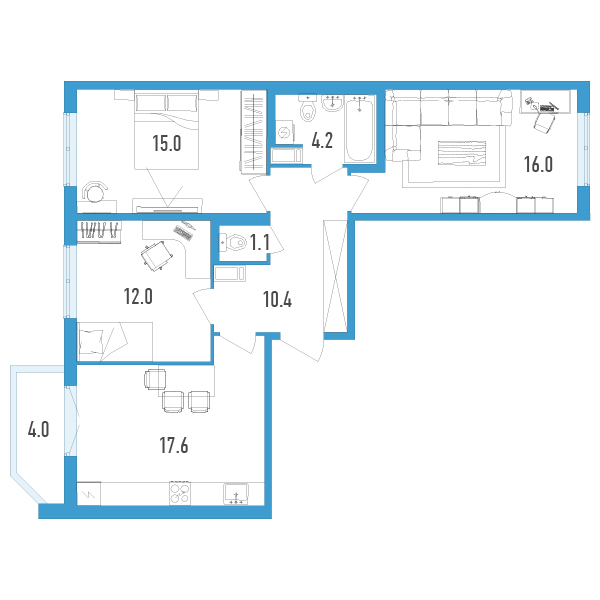 2 комн. квартира, 78.3 м², 4 этаж 