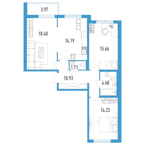 3 комн. квартира, 82.1 м², 2 этаж 