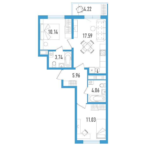 1 комн. квартира, 53.8 м², 6 этаж 