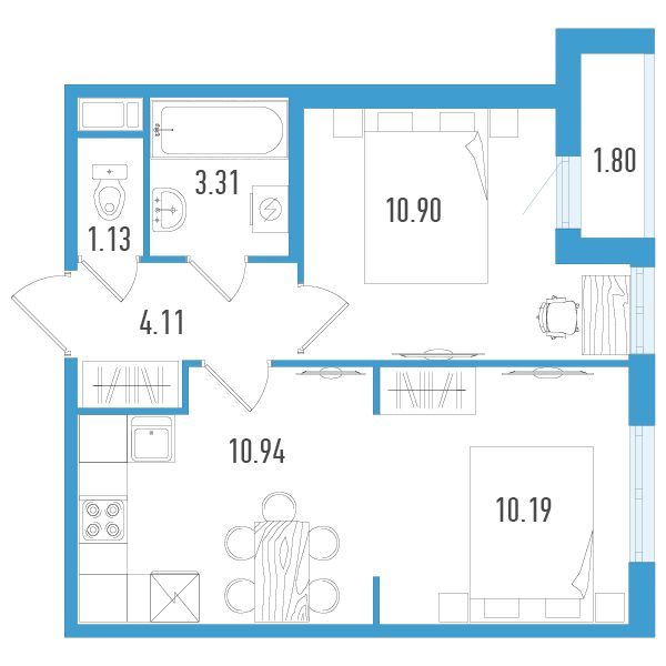 1 комн. квартира, 41.5 м², 9 этаж 