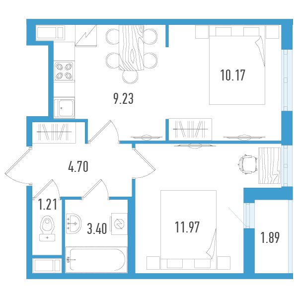 1 комн. квартира, 41.6 м², 9 этаж 