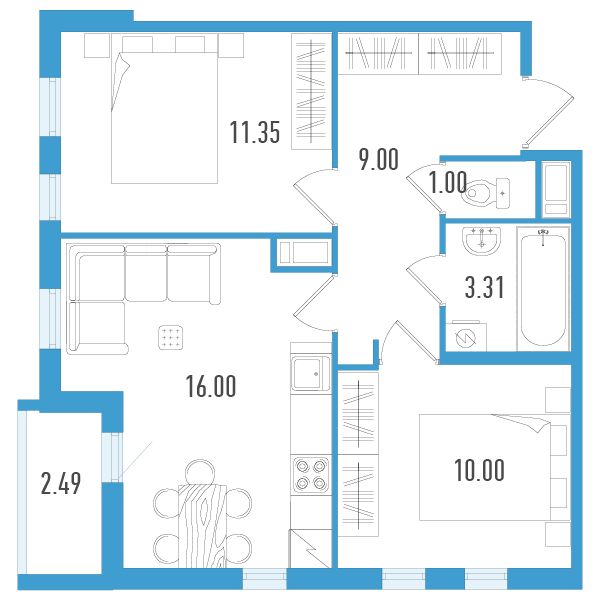 1 комн. квартира, 51.9 м², 6 этаж 