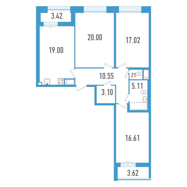 3 комн. квартира, 96.1 м², 6 этаж 
