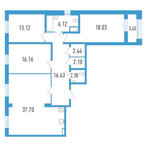 2 комн. квартира, 116.2 м², 3 этаж 