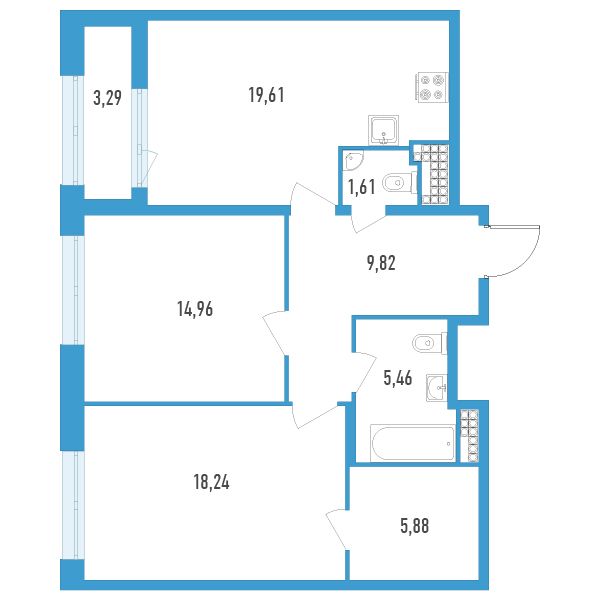 1 комн. квартира, 77.2 м², 12 этаж 