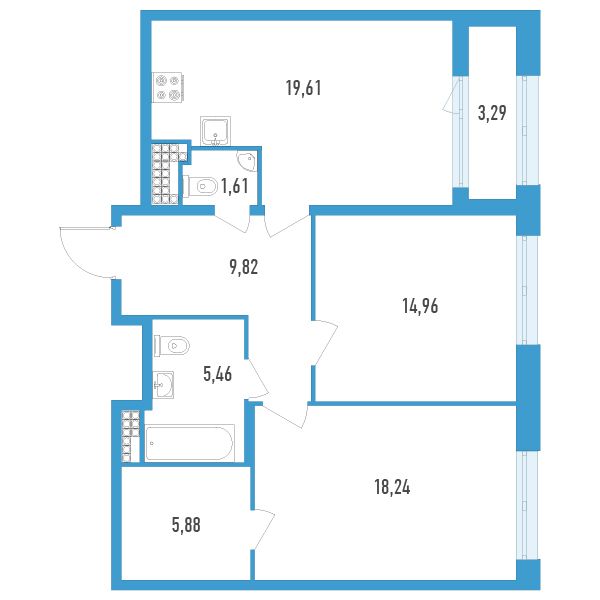 1 комн. квартира, 77.2 м², 12 этаж 