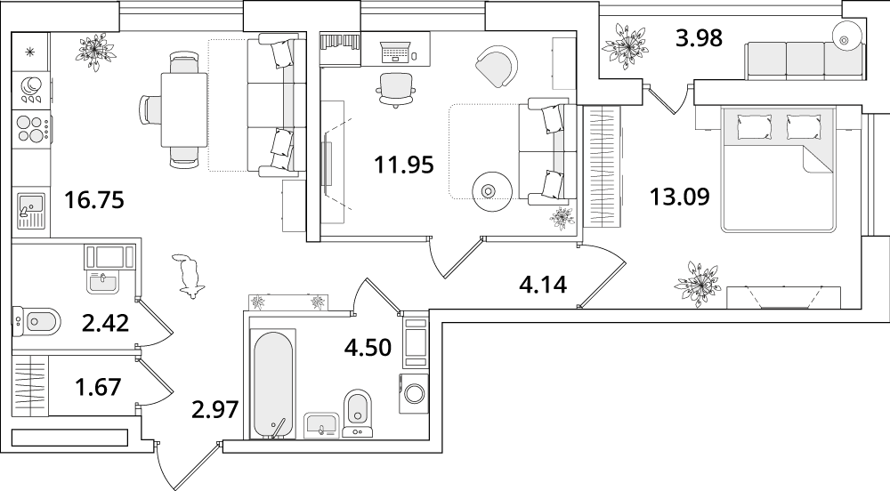 2 комн. квартира, 59.5 м², 10 этаж 