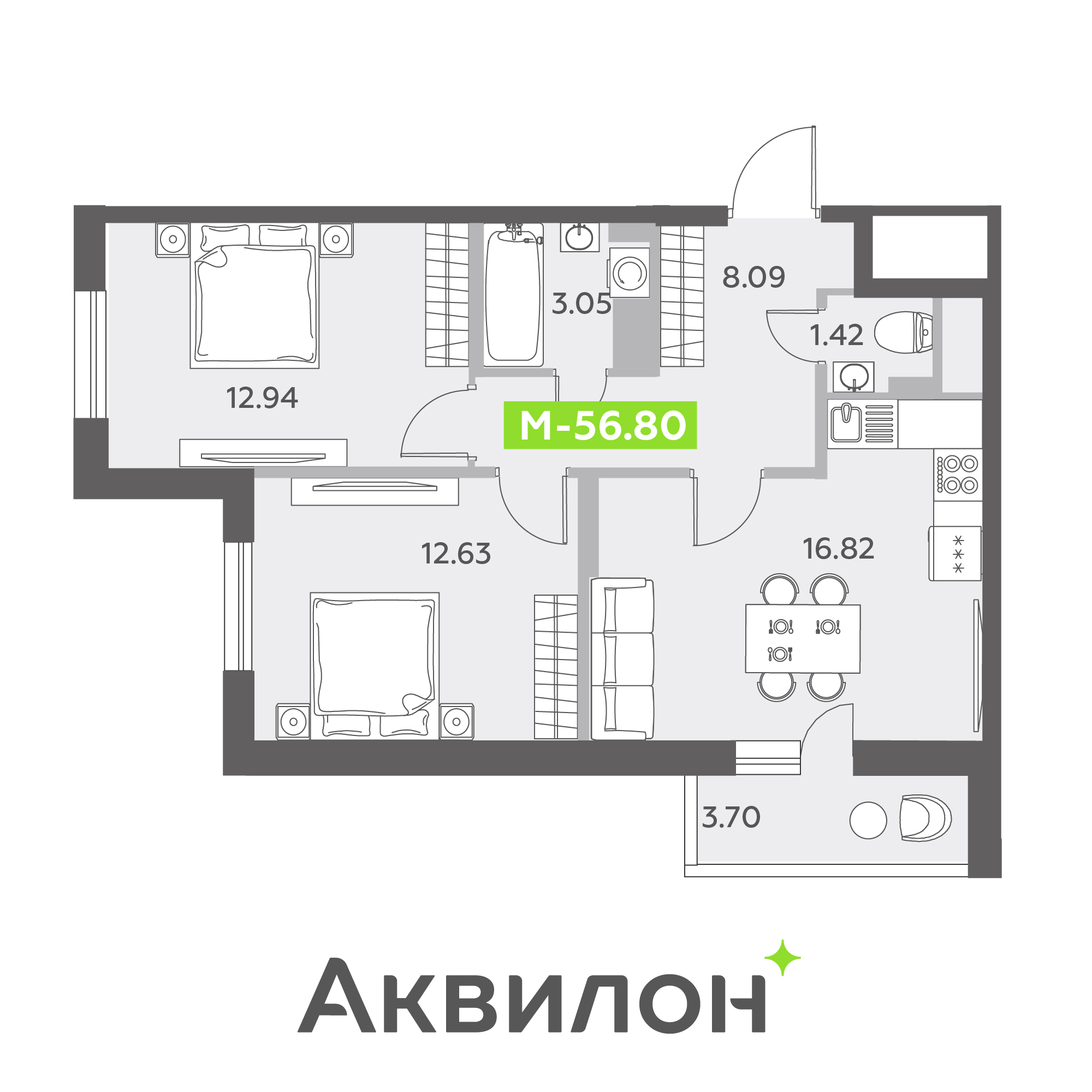 2 комн. квартира, 56.8 м², 4 этаж 