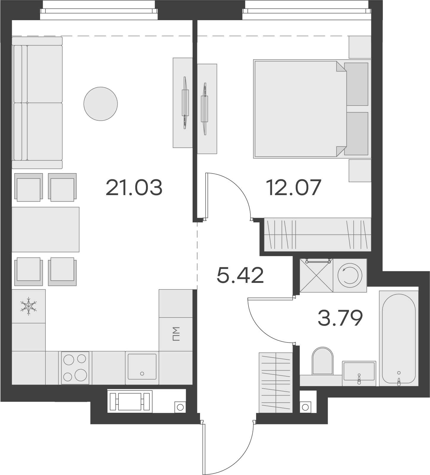 студия, 42.3 м², 5 этаж 