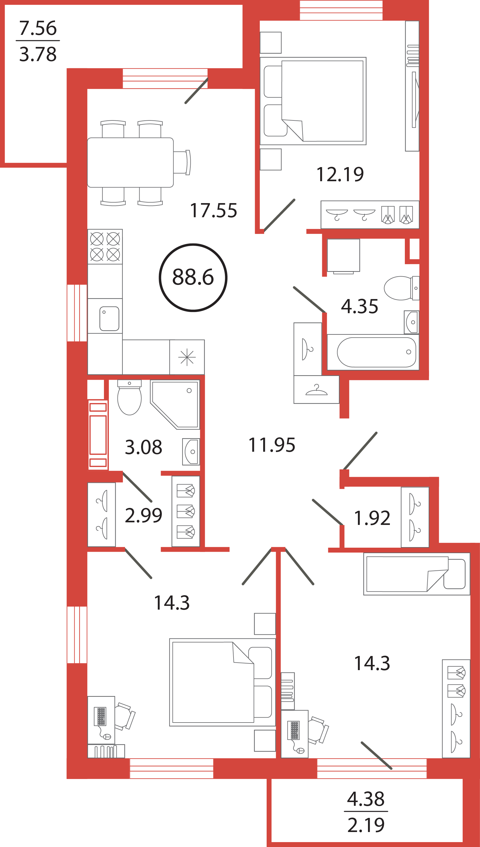 3 комн. квартира, 88.6 м², 3 этаж 