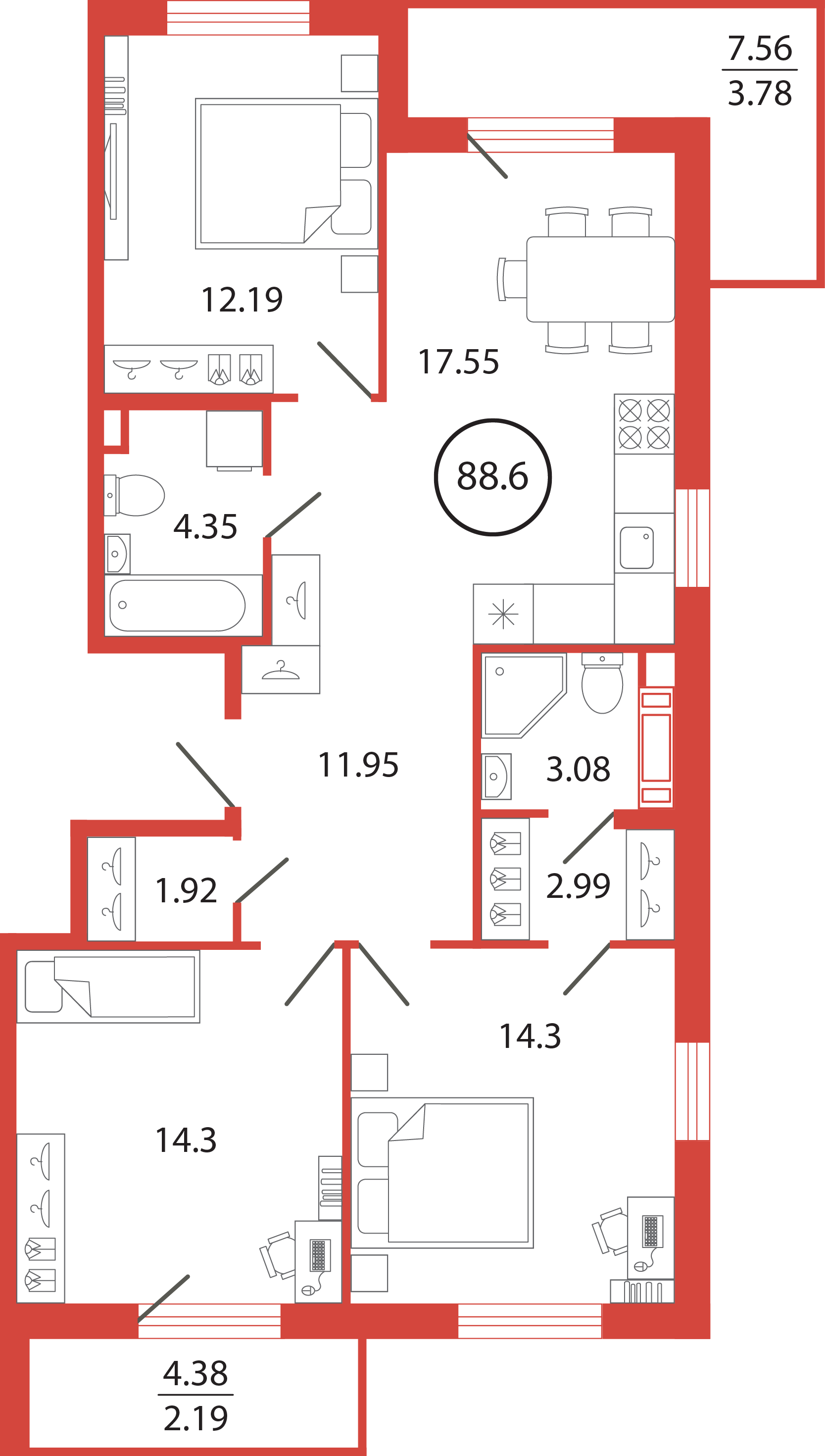 3 комн. квартира, 88.6 м², 5 этаж 