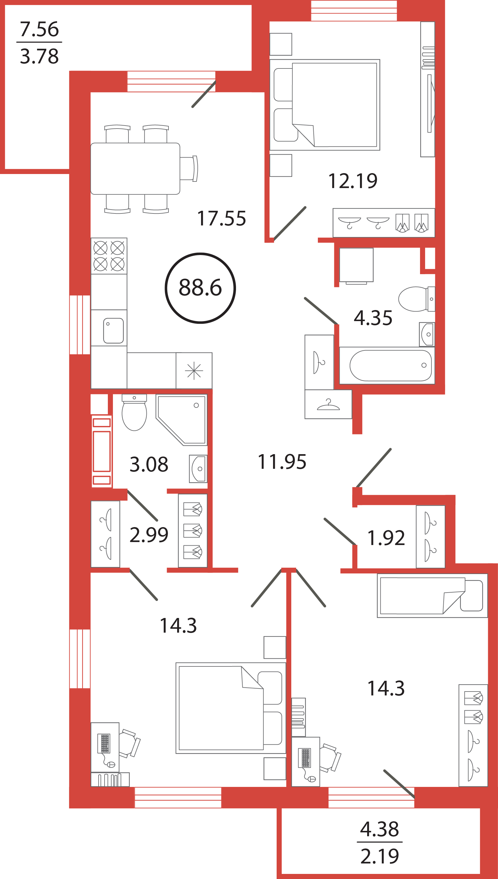 3 комн. квартира, 88.6 м², 6 этаж 