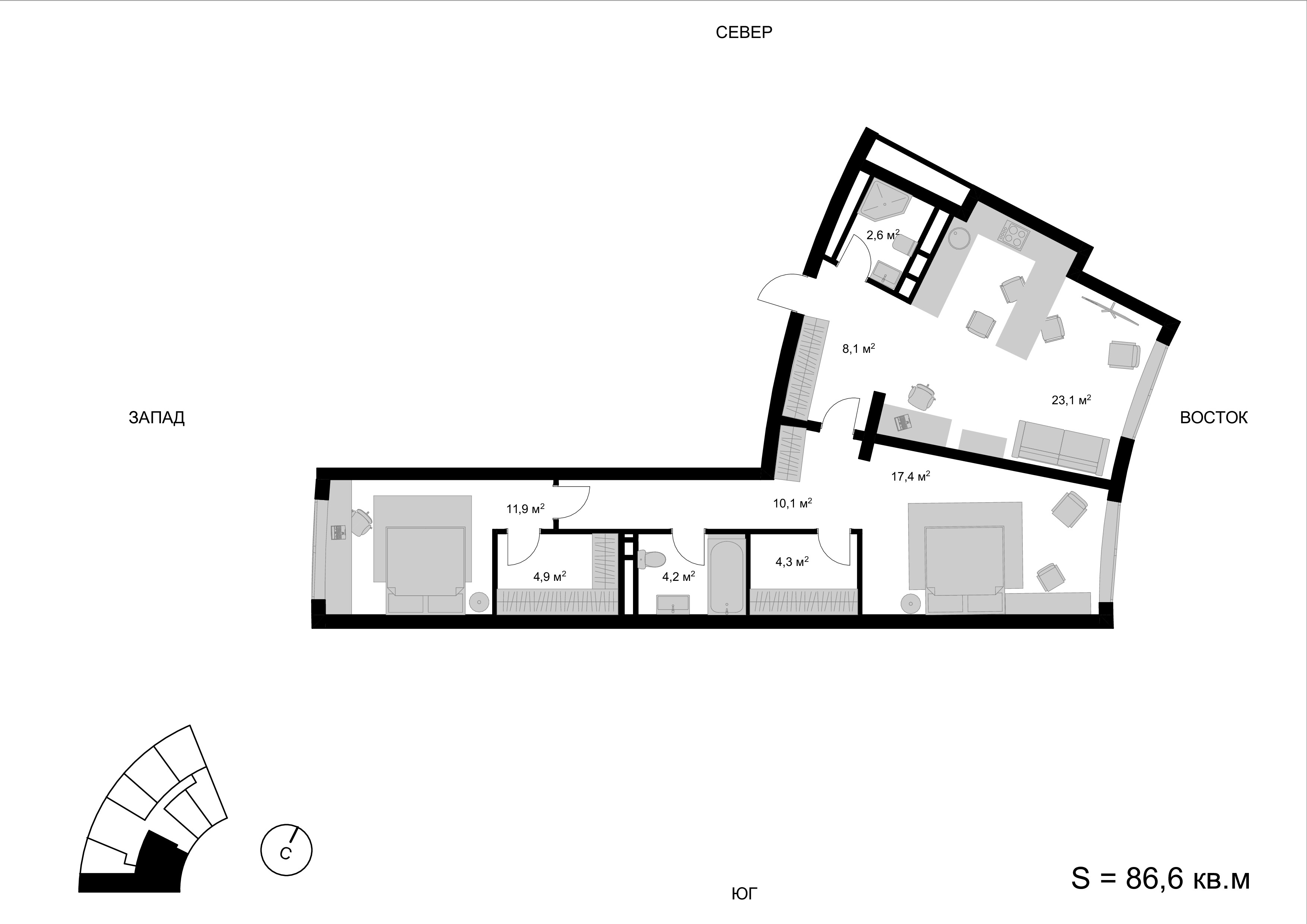 3 комн. квартира, 86.6 м², 16 этаж 