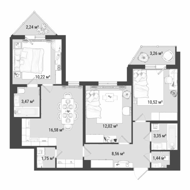 3 комн. квартира, 70.2 м², 12 этаж 