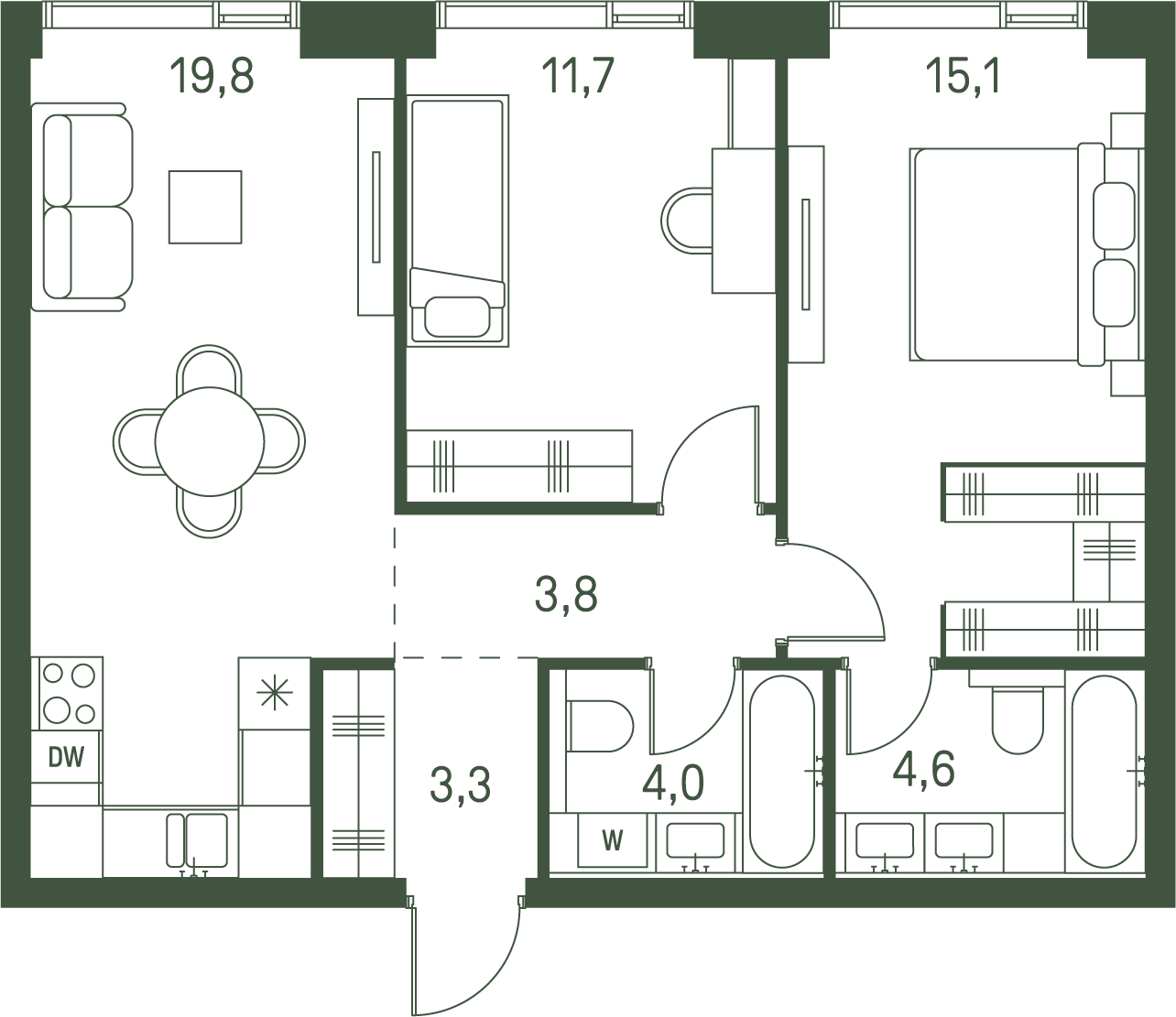 2 комн. квартира, 62.3 м², 19 этаж 