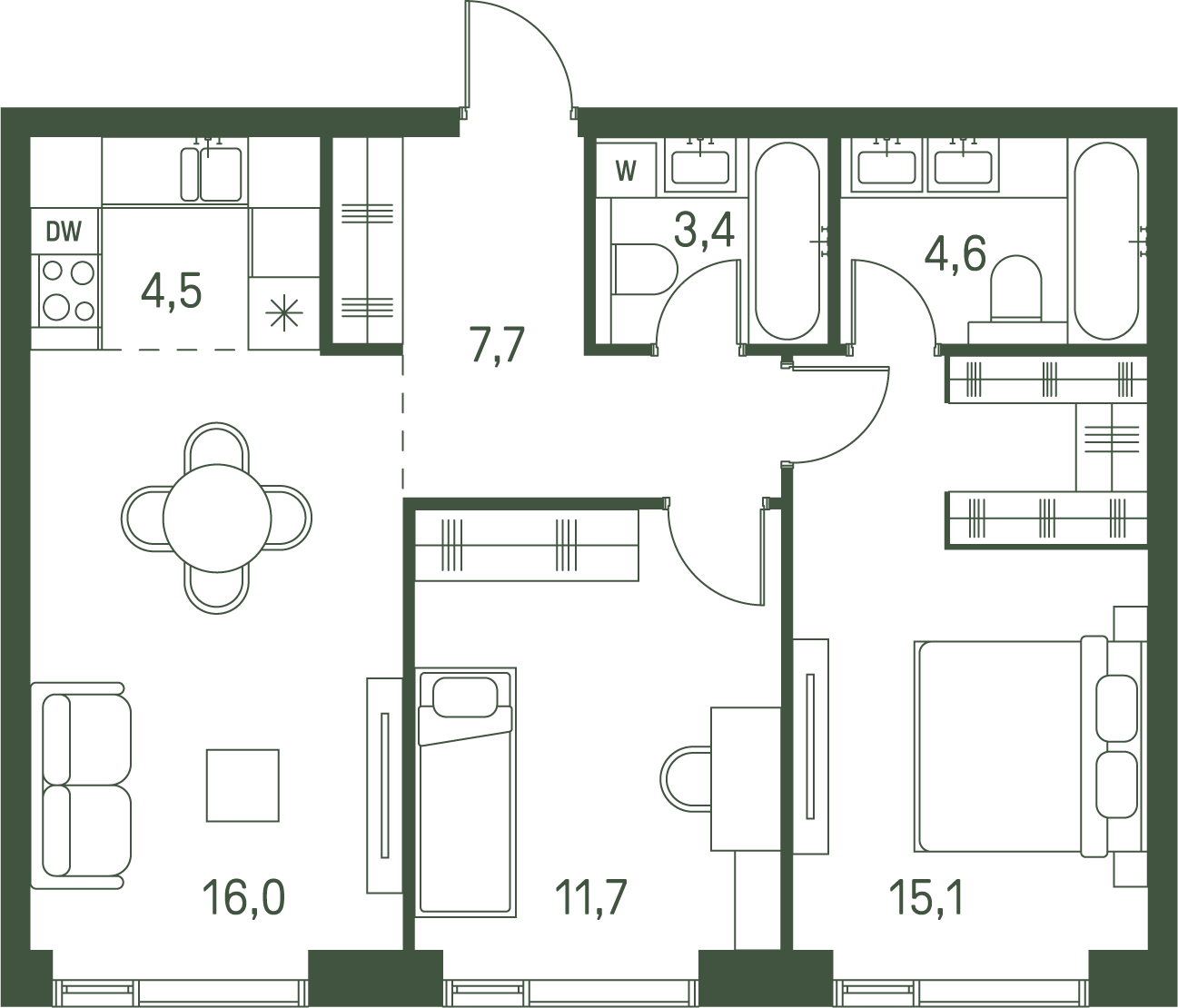 2 комн. квартира, 63 м², 36 этаж 