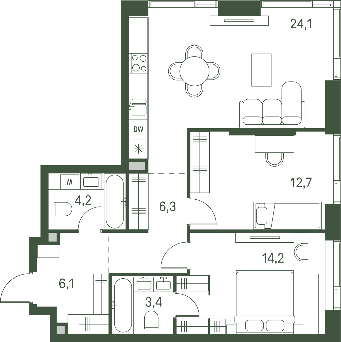 2 комн. квартира, 71 м², 36 этаж 