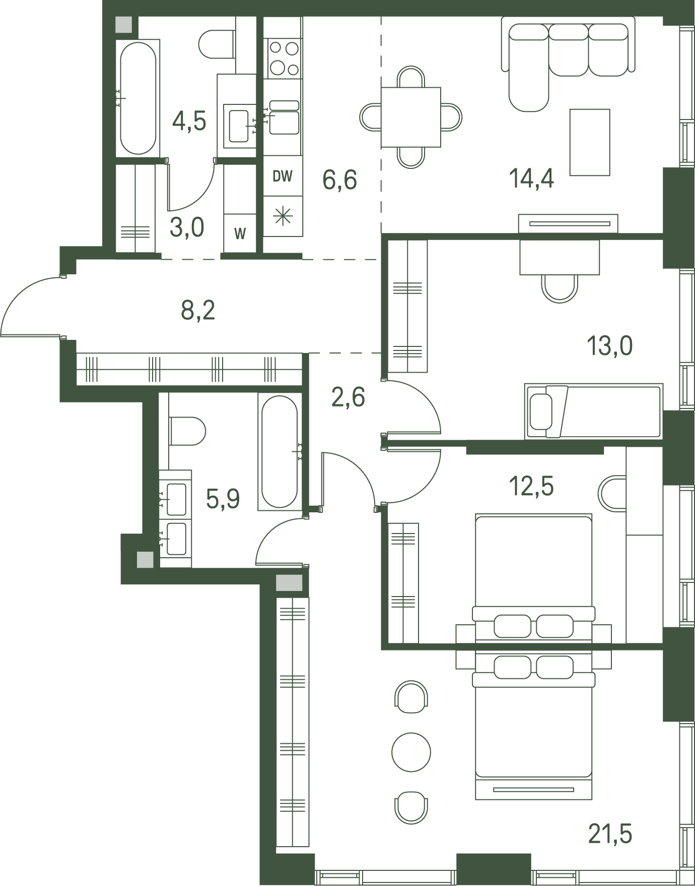 3 комн. квартира, 92.4 м², 19 этаж 