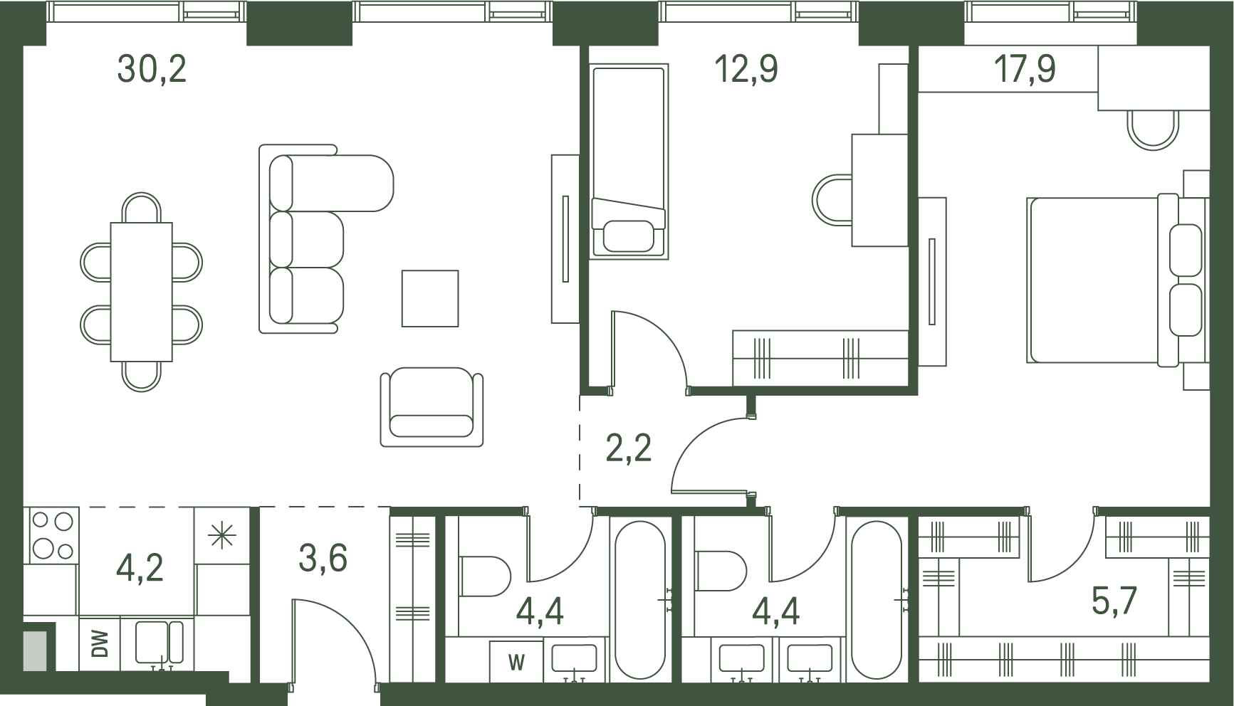 2 комн. квартира, 85.5 м², 36 этаж 