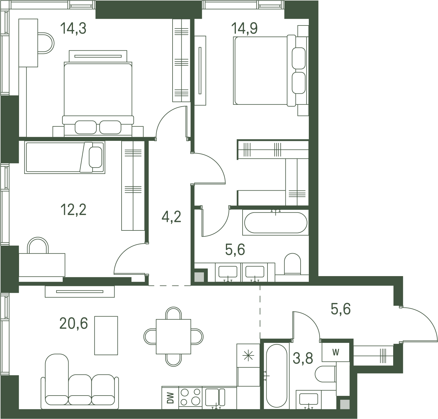 3 комн. квартира, 81.2 м², 36 этаж 