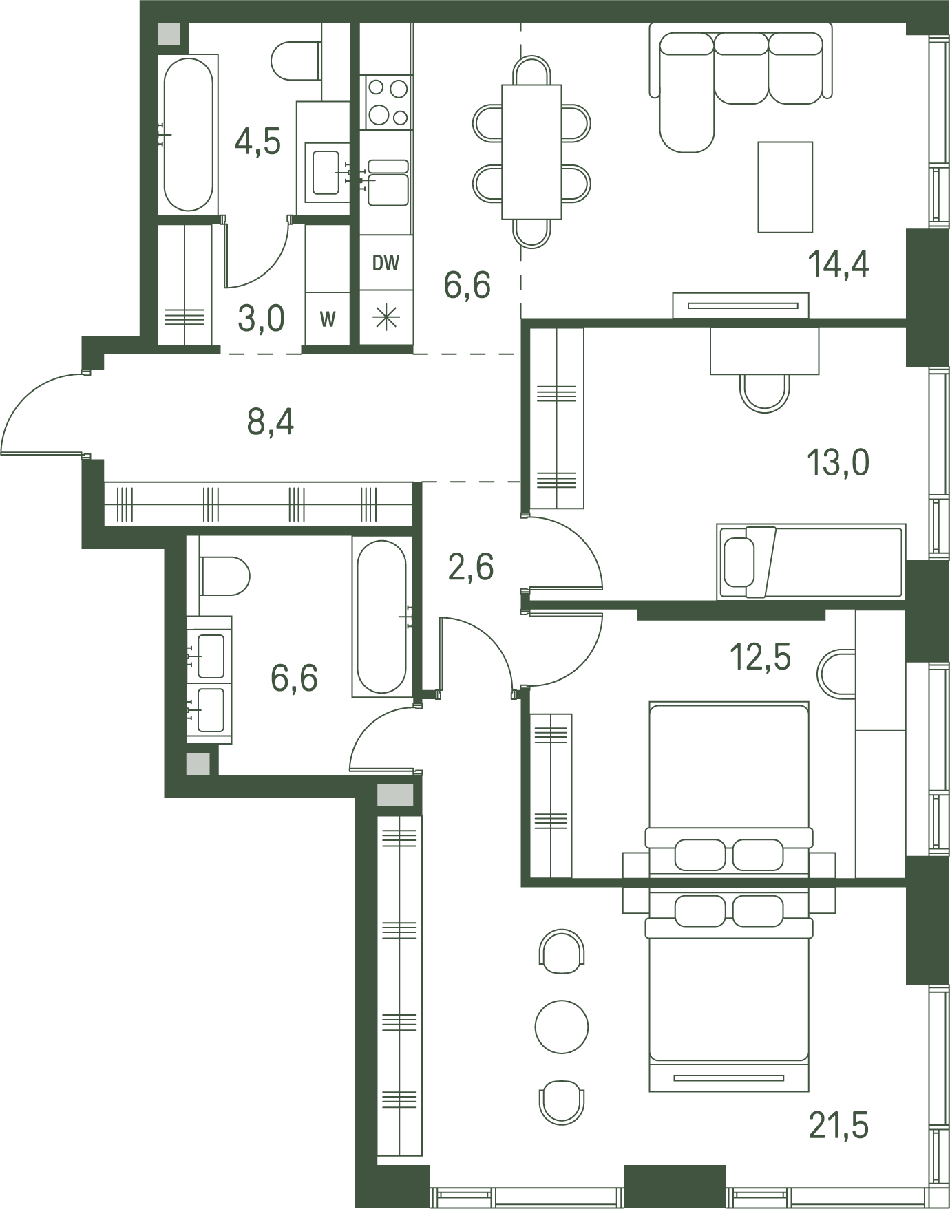 3 комн. квартира, 93.1 м², 36 этаж 