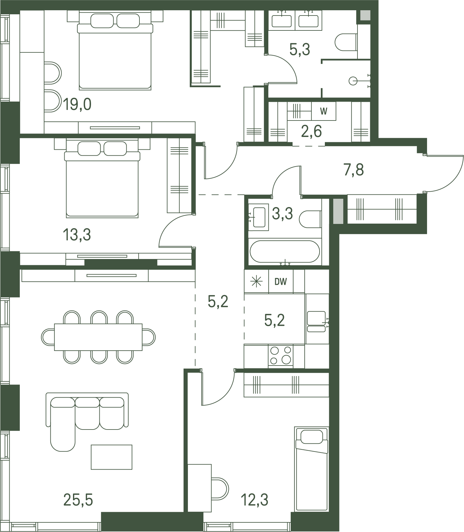 3 комн. квартира, 99.5 м², 19 этаж 