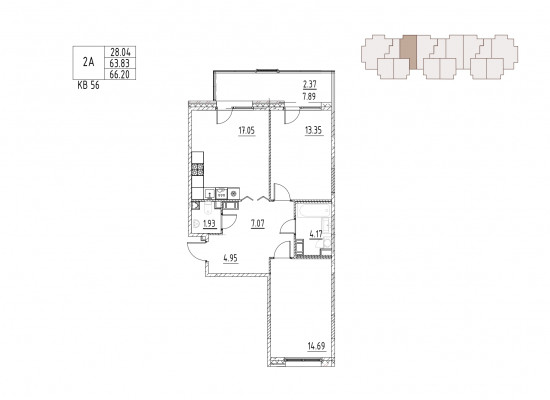 квартира со свободной планировкой, 66.2 м², 5 этаж 