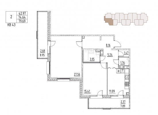 квартира со свободной планировкой, 79.7 м², 1 этаж 